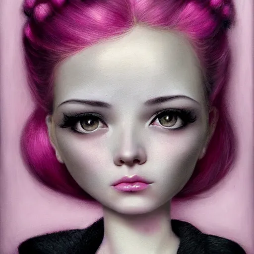 Image similar to a portrait of a beautiful woman with pink hair by mark ryden cgsociety, computer art, circuitry, dystopian art, academic art insanely quality, elegant, highly detailed, digital painting, artstation,, concept art, pop, smooth, sharp focus, illustration, art by mark ryden and 3 d 8 k ultra detailed