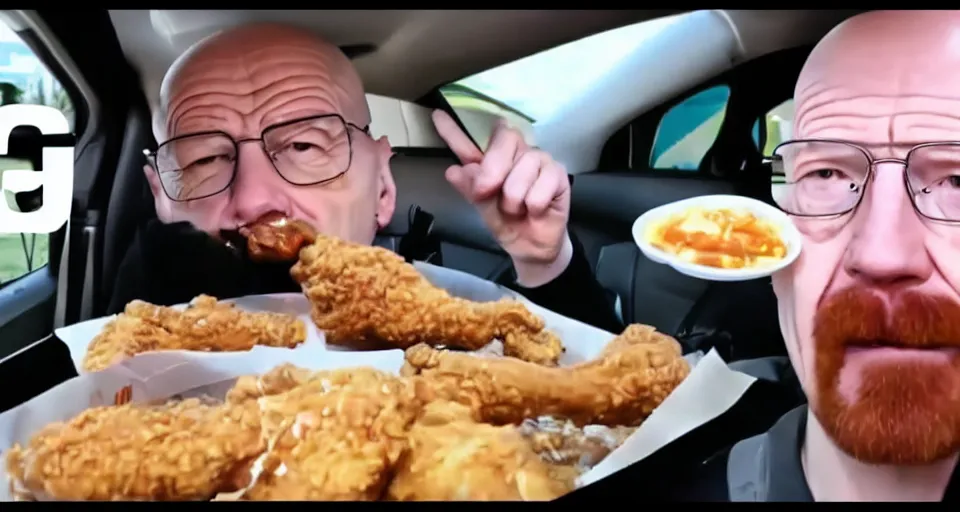 Image similar to walter white mukbang inside car, youtube video screencap, GREASY!!!!! 'dripping grease'!!!! messy, gross!! eating fried chicken, greasy face stuffed with chicken, double chin, real, fat, detailed, 4k