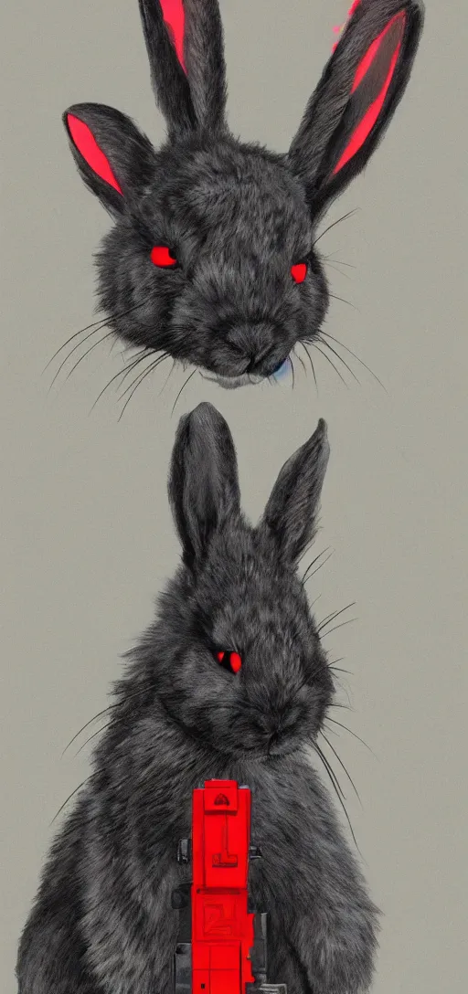 Image similar to portrait of neon fur rabbit with red eyes and a machine gun , 8k, highly detailed, sharp, realistic, in style of Brom