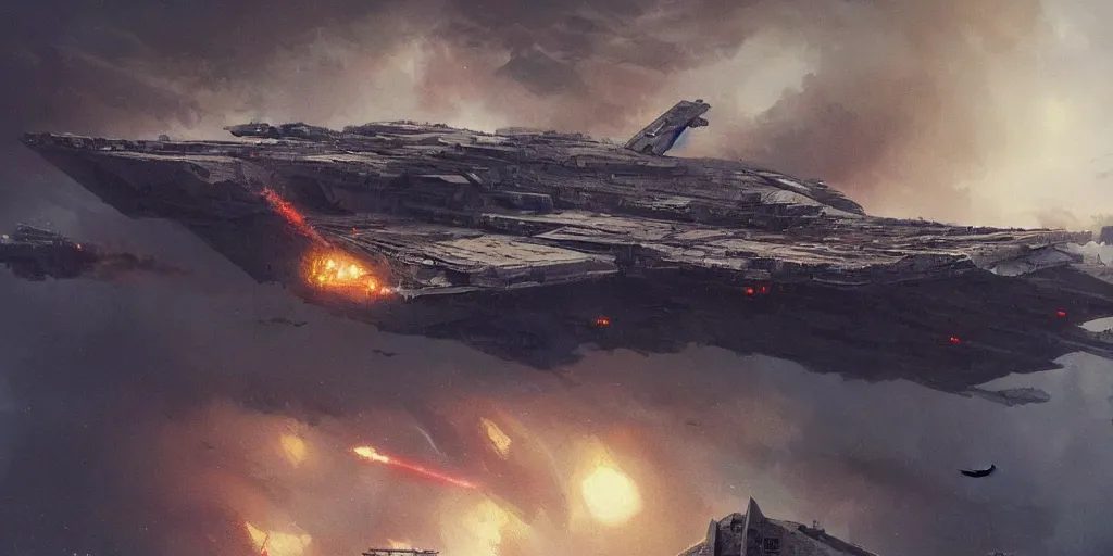 Image similar to a painting of a cinematic keyframe of star wars a destroyed imperial star destroyer ship, heavy atmosphere, fire and smoke by greg rutkowski, rule of thirds, golden ratio, ambient lighting, wlop, artgerm, artstation, highly detailed masterpiece, dark fantasy art, high detail, trending on artstation