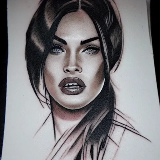 Prompt: tattoo sketch of megan fox's face blended in amazing mountain scenery, in the style of dan mountford