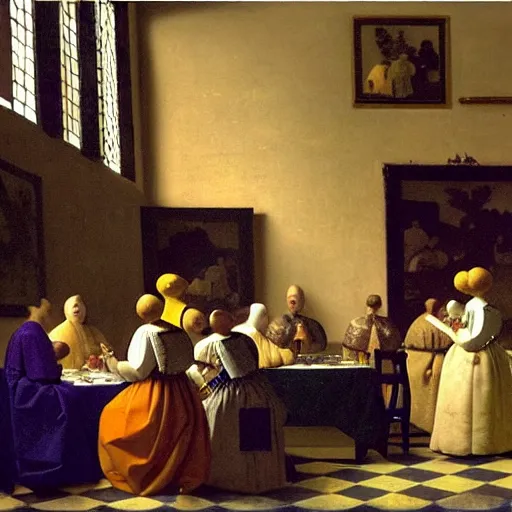 Image similar to a large wedding reception, lots of people, illustrated by johannes vermeer