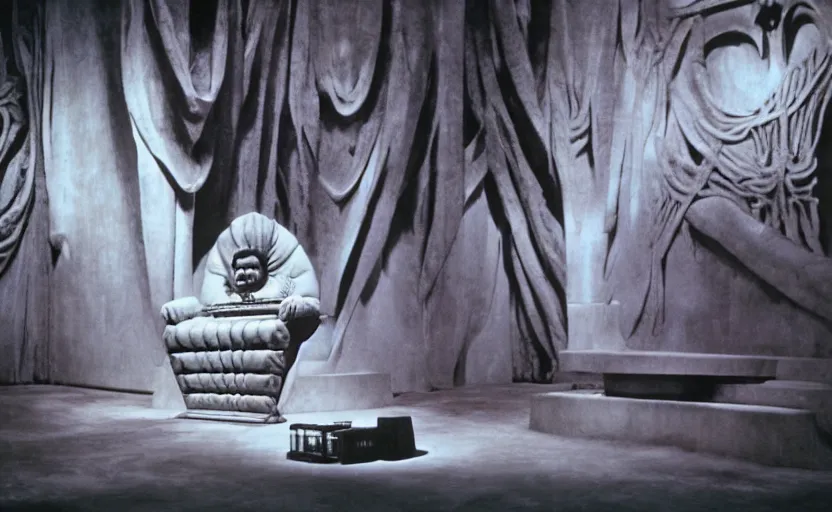 Image similar to chunky orson welles sitting on a dark throne, in an alien room by hans giger, film still from the movie by alejandro jodorowsky with cinematogrophy of christopher doyle and art direction by hans giger, anamorphic lens, kodakchrome, very detailed photo, 8 k