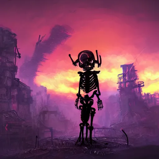 Image similar to apocalyptic futuristic world, sunset, skeletons rising from the ground, colorful sky, distant burning fires, skeleton walking around, destroyed buildings, street view, concept art, fantasy, illustration, 8 k, high detail, artstation award