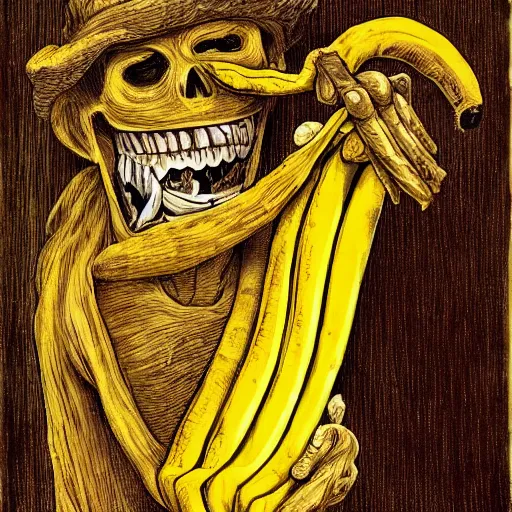 Image similar to an incredibly old shriveled man has banana for fingers stroking his long hair, sharp teeth yellow rotting haggard nasty man smells of cigar and death portrait