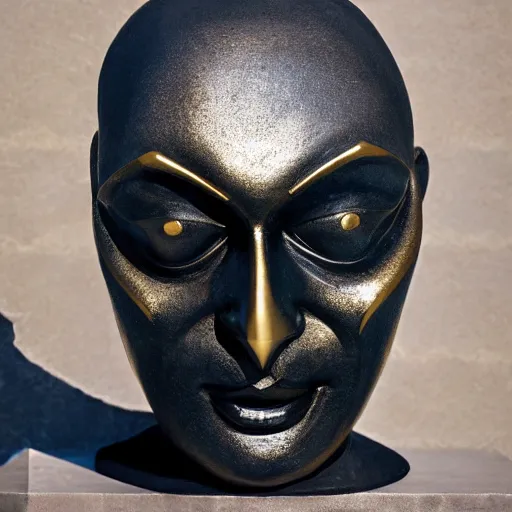 Image similar to perfect statue of beautiful evil face made from black marble with gold, by johannes voss