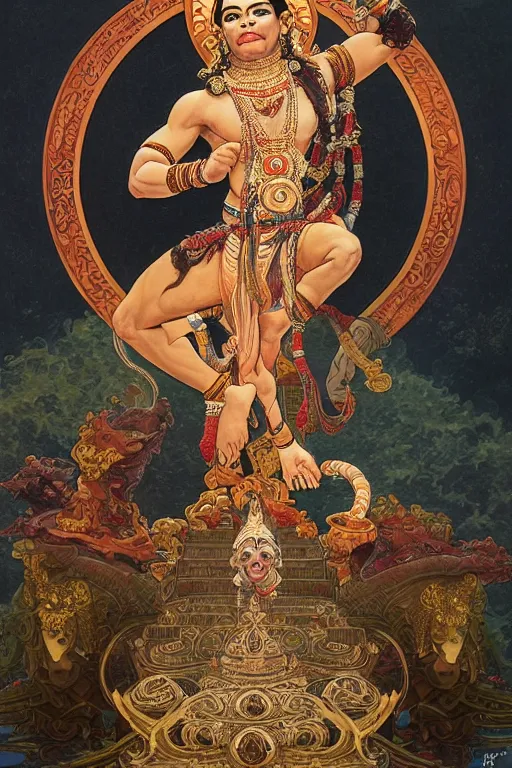 Image similar to a full body portrait of a beautiful ornated hanuman god, leaping pose, hindu stages of meditation, intricate, elegant, highly detailed, digital painting, artstation, concept art, smooth, sharp focus, line art illustration for tattoo, art by krenz cushart and artem demura and alphonse mucha