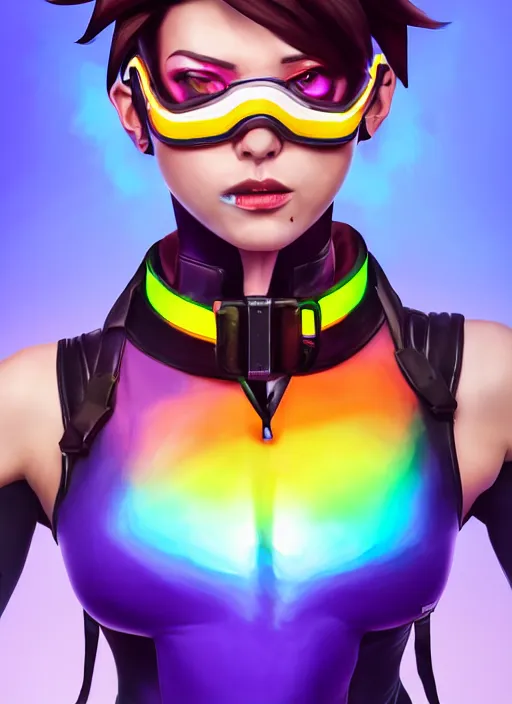 Prompt: full body overwatch style oil painting portrait of tracer overwatch, confident pose, wearing black jagged iridescent rainbow latex armor, rainbow, neon, 4 k, expressive surprised expression, makeup, wearing rainbow neon choker, studio lighting, black leather harness, expressive detailed face and eyes,