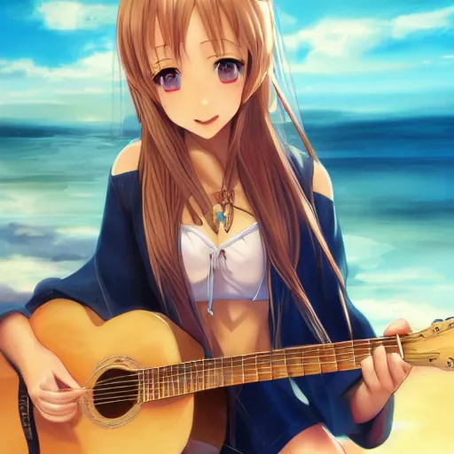 Image similar to a very beautiful young yuuki asuna playing guitar, full body, long wavy blond hair, sky blue eyes, full round face,, bikini, miniskirt, front view, mid - shot, highly detailed, cinematic wallpaper by stanley artgerm lau