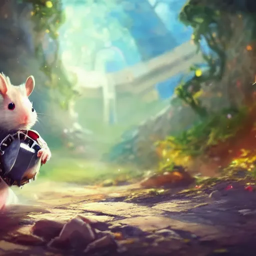 Image similar to an award winning, animation key frame of an adorable roborvski hamster, dressed as a knight, fighting a dragon, cute art style, colorful, cgi, unreal engine, ultra hd, high definition, high quality, crisp, sharp, smooth, 8 k resolution