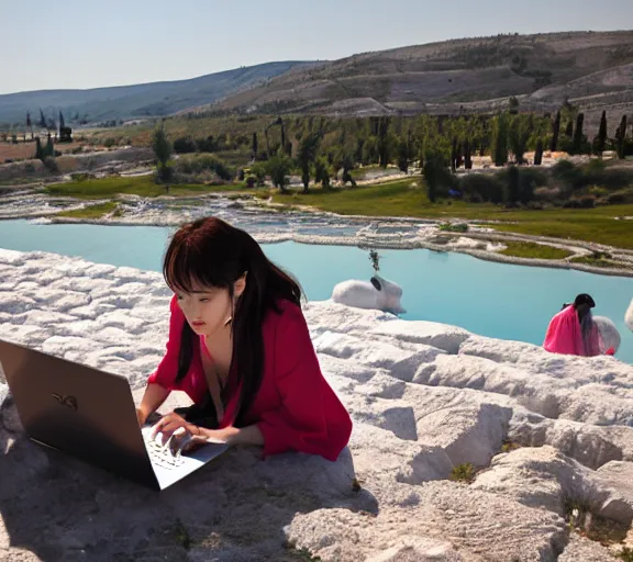 Image similar to Lee Jin-Eun hacking a laptop at Pamukkale by Martine Johanna, rule of thirds, seductive look, beautiful