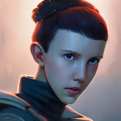 Image similar to a highly detailed epic cinematic concept art CG render digital painting artwork: Millie Bobby Brown. By Greg Rutkowski, Ilya Kuvshinov, WLOP, Stanley Artgerm Lau, Ruan Jia and Fenghua Zhong, trending on ArtStation, subtle muted cinematic colors, made in Maya, Blender and Photoshop, octane render, excellent composition, cinematic atmosphere, dynamic dramatic cinematic lighting, precise correct anatomy, aesthetic, very inspirational, arthouse