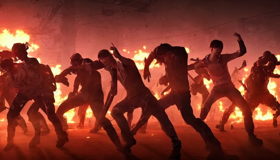 Image similar to full - body action shot of bts as heroes fight a horde of zombies, in the style of k - pop, epic, cinematic, volumetric lighting, symmetry, octane render, artstation, highly - detailed, unreal 5, realism,