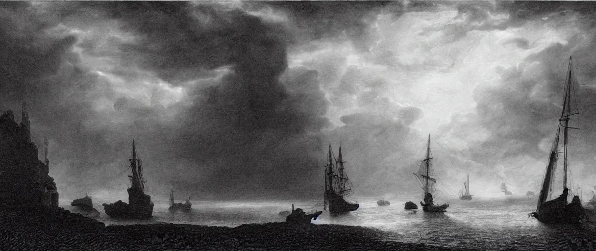 Prompt: an engraving portrait of dagon, caspar david friedrich, foggy, depth, strong shadows, stormclouds, illuminated focal point, highly detailed