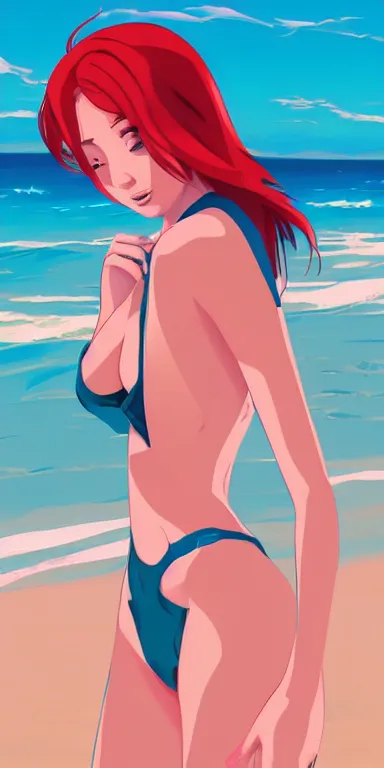 Prompt: redhead 👩👙😘 🏖🌊🌅 digital painting, anime inspired, clean cel shaded vector art. shutterstock. behance hd by lois van baarle, artgerm, helen huang, by makoto shinkai and ilya kuvshinov, rossdraws, illustration, art by ilya kuvshinov