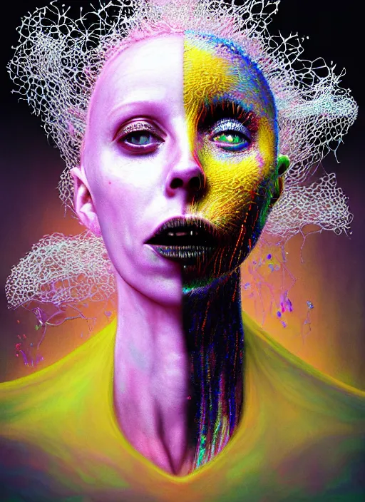 Image similar to hyper detailed 3d render like a Oil painting - Yolandi Visser seen Eating of the Strangling network of yellowcake aerochrome and milky Fruit and Her delicate Hands hold of gossamer polyp blossoms bring iridescent fungal flowers whose spores black the foolish stars by Jacek Yerka, Mariusz Lewandowski, Houdini algorithmic generative render, Abstract brush strokes, Masterpiece, Edward Hopper and James Gilleard, Zdzislaw Beksinski, Mark Ryden, Wolfgang Lettl, hints of Yayoi Kasuma, octane render, 8k