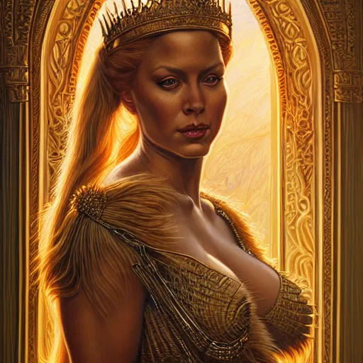 Image similar to highly detailed portrait of a majestic lioness queen in the form of a beautiful woman. d & d. art by donato giancola, chris rallis, anna dittmann, alberto vargas. trending on artstation, intricate details, energetic composition, golden ratio, concept art, illustration, elegant art, global illuminaition