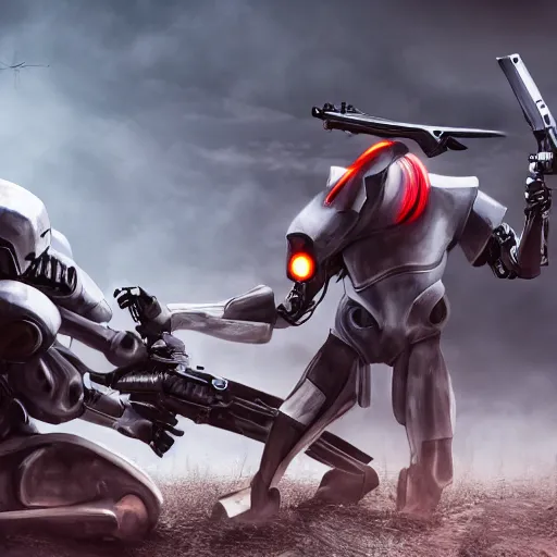 Image similar to anthropomorphic futuristic war robot - fighter killing a man - photographer, two figures, full body, clean background, photorealistic, detailed,