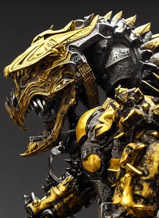 Image similar to hyper realistic glorious ancient wargreymon in a obsidian metal armor, futuristic design, designed by makoto kobayashi and luca zampriolo, portrait, cyberpunk style, wood and gold details, intricate, extremely detailed, ornate, deep of field, hard surface, exoskeleton, substance designer metal unreal engine. amazing likeness. very detailed.