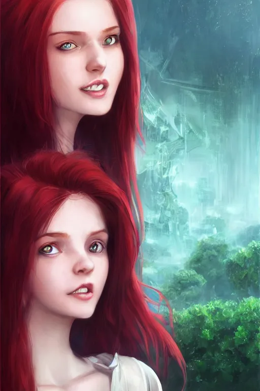 Image similar to beautiful cute red haired joyful and playful nineteen year old young girl standing up in casual green clothing, long hair, futuristic city, rpg character, sci - fi, fantasy, intricate, elegant, digital painting, artstation, concept art, smooth, 8 k frostbite 3 engine, ultra detailed, art by artgerm and greg rutkowski and magali villeneuve