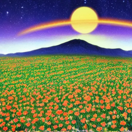 Image similar to In an infinite plain covered with colorful flowers, right in the middle stands a thin and tall dark mountain