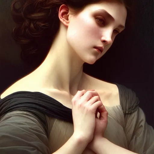 Image similar to a portrait of anguish, intricate, elegant, highly detailed, digital painting, smooth, sharp focus, illustration, art by artgerm and greg rutkowski and alphonse mucha and william - adolphe bouguereau