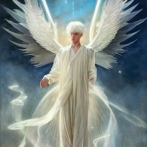 Image similar to harmony of white haired angel yoongi wearing greek clothes, muted colors, sparkles everywhere, big wings, dynamic hair movement, dynamic pose, holographic space, glowing effect, j. c leyendecker, by alan lee, wlop! illustrated by starember, fantasy art by craig mullins