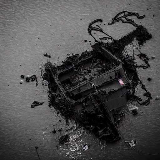 Image similar to airborne view, crashed cargo ship leaking mysterious black gooey liquid, mysterious black slime, black gooey liquid leaking out of crashed cargo ship, apocalyptic, ruined, container ship, crashed, 8 5 mm f / 1. 4