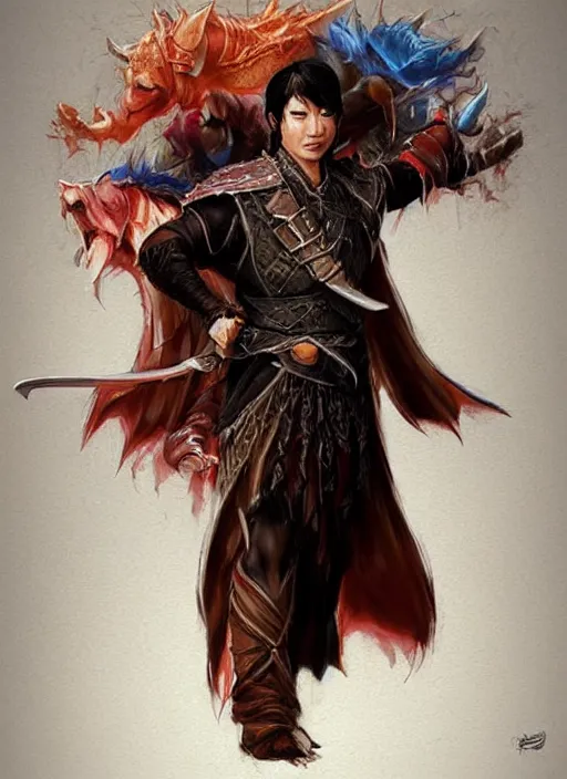 Prompt: asian with medium black hair man looks belly point of view, dndbeyond, bright, colourful, realistic, dnd character portrait, full body, pathfinder, pinterest, art by ralph horsley, dnd, rpg, lotr game design fanart by concept art, behance hd, artstation, deviantart, hdr render in unreal engine 5