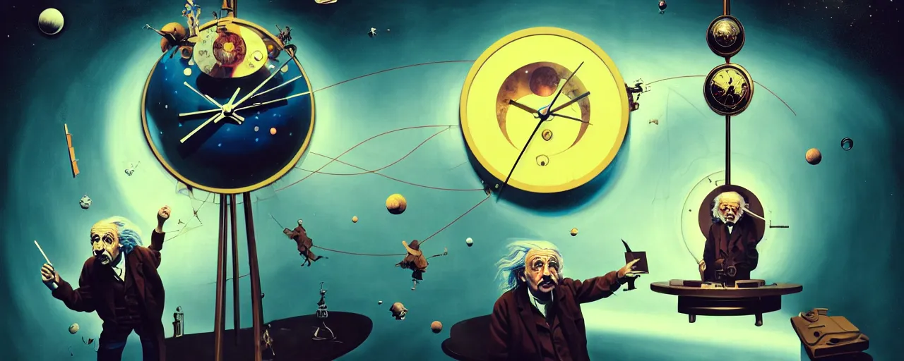 Image similar to duotone surreal illustration 3 / 4 portrait of albert einstein measuring time on salvadore dali clock in outer space. golden ratio accidental renaissance. by sachin teng and sergey kolesov and ruan jia and heng z. graffiti art, scifi, fantasy, hyper detailed. octane render. concept art. trending on artstation