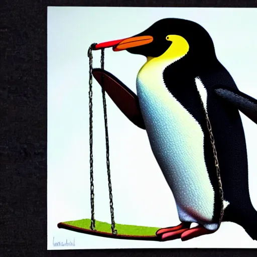 Image similar to realistic penguin sitting on a swing, hyper detailed, trending on artstation