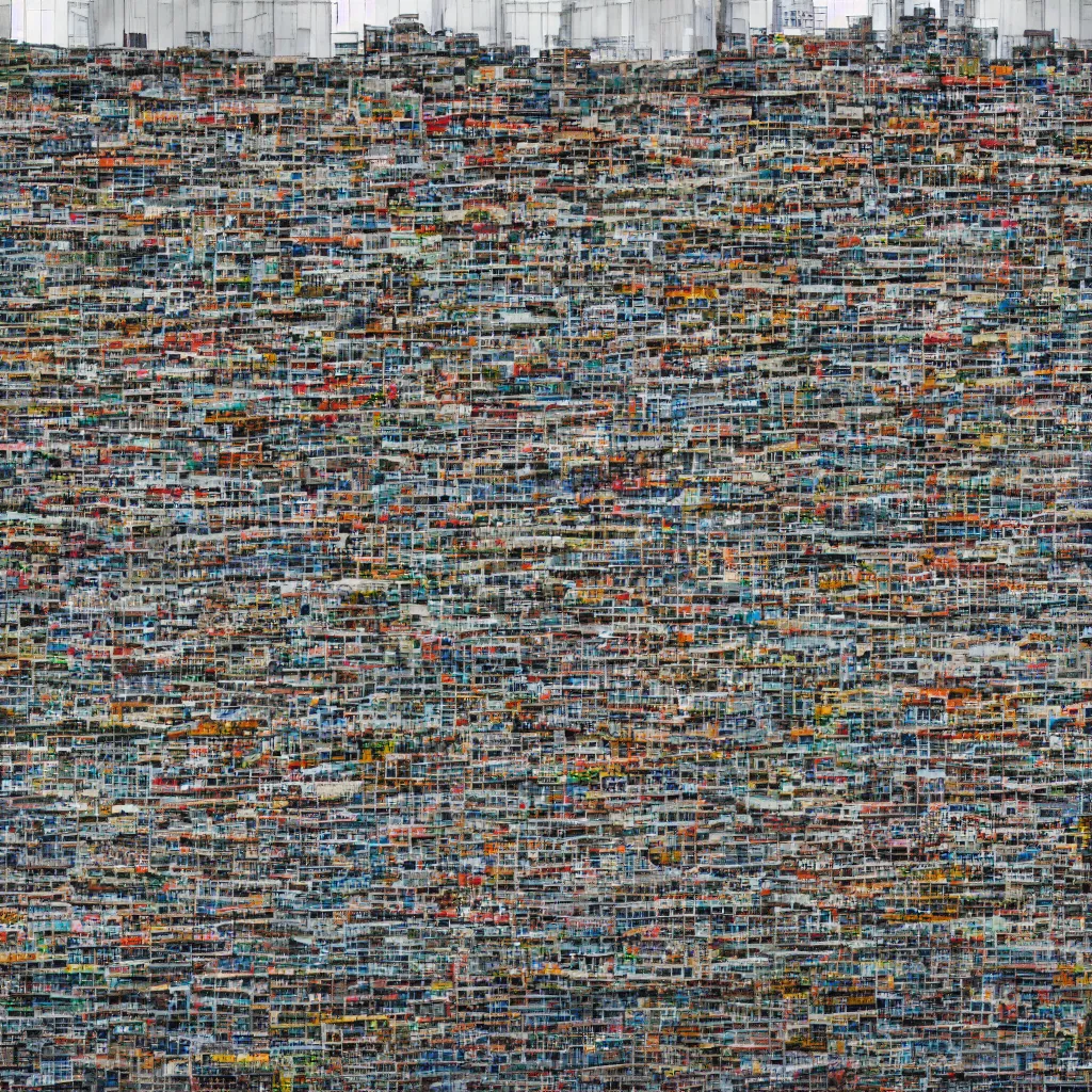 Prompt: a large building facade covered by lots of different makeshift doors, photographed by andreas gursky, sony a 7 r 3, f 1 1, fully frontal view, ultra detailed,