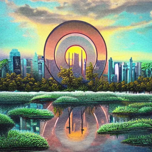 Image similar to Beautiful city of the future in harmony with nature. Beautiful detailed grainy painting by Lurid. (2022)