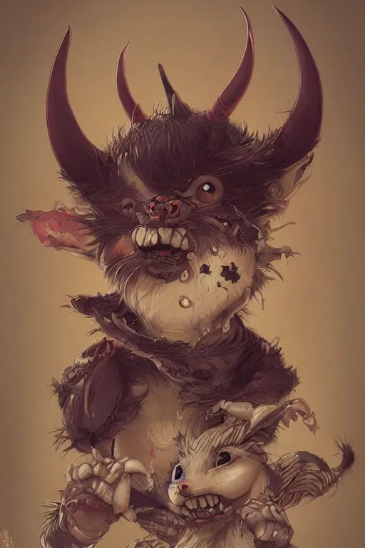 Image similar to a portrait of a cute japanese devil animal illustrated by miyazaki by karol bak, james jean, tom bagshaw, rococo, sharp focus, trending on artstation, cinematic lighting, hyper realism, octane render, 8 k, hyper detailed, vivid, ultra detailed, highly detailed