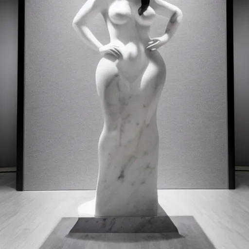 Image similar to a realistic modern white marble statue of kim kardashian wearing a ghostly dress, displayed in a museum art gallery, moody, dramatic lighting, dark, photorealistic, cinematic scene, super detailed, hyper realistic, 8 k