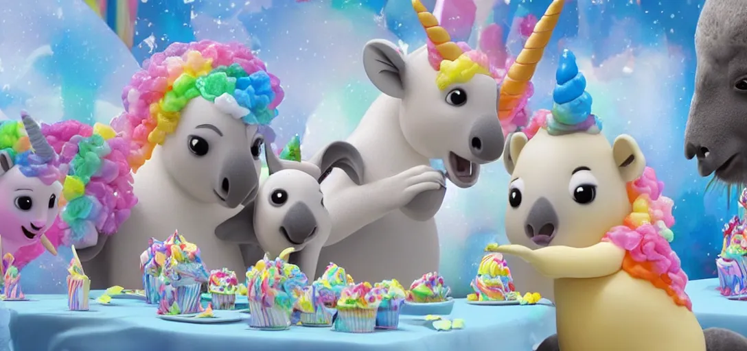 Prompt: a medium shot of a unicorn and koala enjoying ice cream cones at a birthday party for penguins, highly detailed, Pixar movie, anamorphic lens