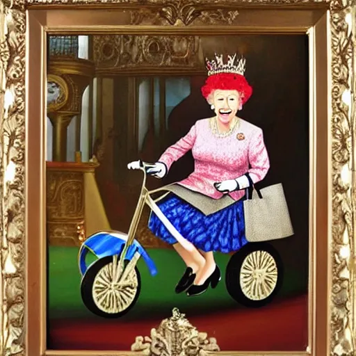 Prompt: Queen Elizabeth II on a tricycle, lowbrow painting by Mark Ryden