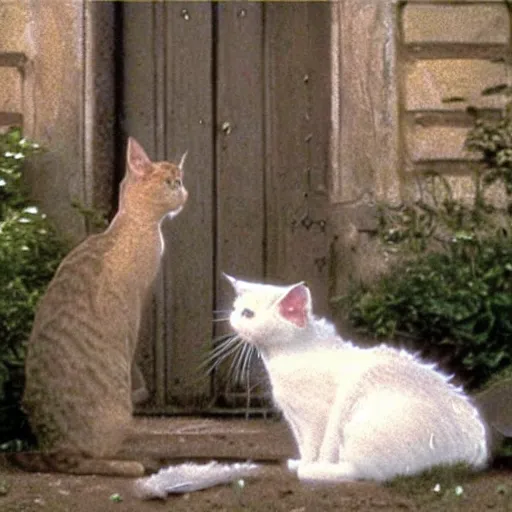 Image similar to 2 cats playing in the garden, one of them is white, by Timothy Burton, Cinematic