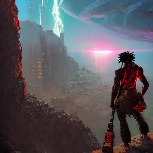 Prompt: a cyberpunk zulu warrior sitting on a cliff watching a meteor fall to earth from a distance, by alena aenami and android jones and greg rutkowski, Trending on artstation, hyperrealism, elegant, stylized, highly detailed digital art, 8k resolution, hd, global illumination, radiant light, detailed and intricate cyberpunk ghetto environment, rendered in octane, oil on canvas, wide angle, dynamic portrait