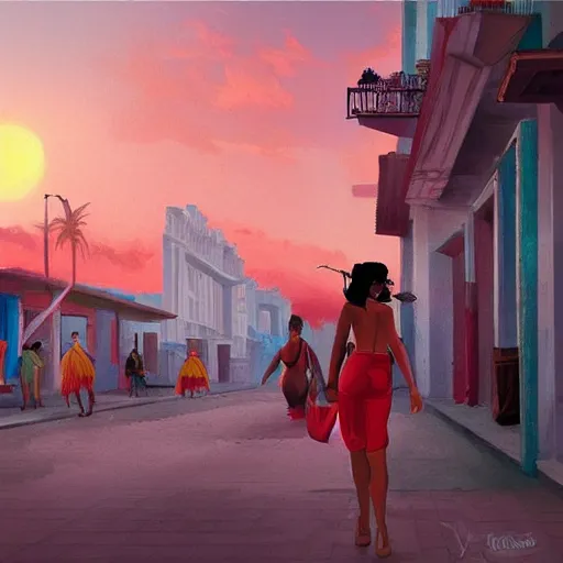 Image similar to concept art, painting of cuban women in havana, digital anime art, good lighting, sunset