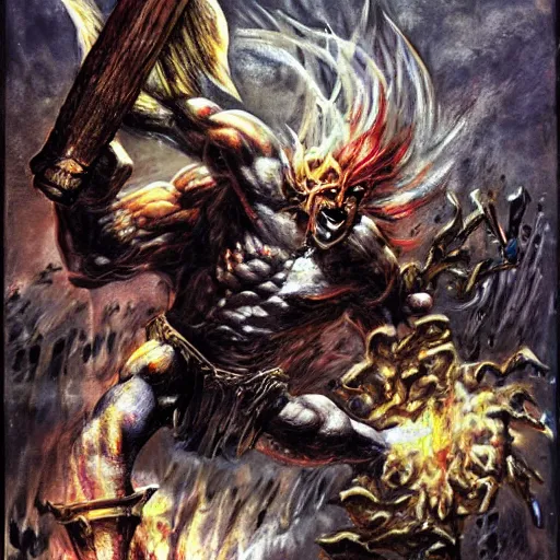 Image similar to an axe elemental, whirling energy made of axes, dramatic, cinematic, by simon bisley