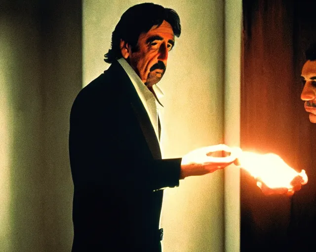 Image similar to mafioso ( al pacino ) examines a magical glowing object ; scene from the modern hbo mini series / the outfit /, a supernatural mafia crime thriller about magical monster - hunting mafiosi in philadelphia, hd 8 k film photography, with modern supernatural horror aesthetic.