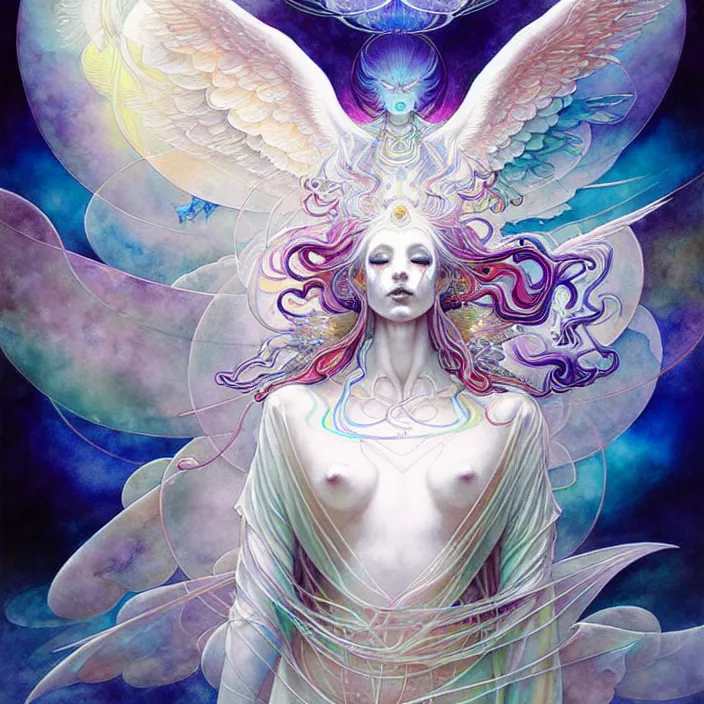 Image similar to psychedelic angelic celestial being by yoshitaka amano, and peter mohrbacher, ayahuasca, sacred geometry, esoteric art, watercolor