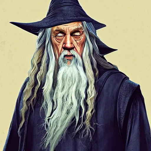 Image similar to Gandalf in GTA V, cover art by Stephen Bliss, artstation