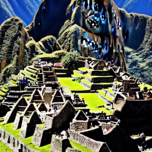 Image similar to ufo flying over machu picchu, photo, 8 k,