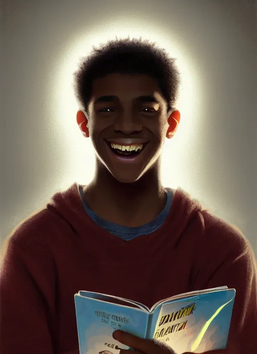 Image similar to portrait of teenage chuck clayton, black teenage boy, short curly hair, short hair square jaw, slight excited smile, reading a comic book, intricate, elegant, glowing lights, highly detailed, digital painting, artstation, concept art, smooth, sharp focus, illustration, art by wlop, mars ravelo and greg rutkowski