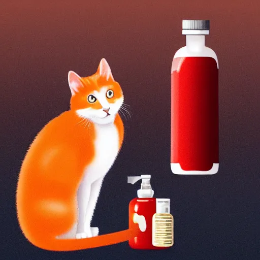 Prompt: a cat standing next to a bottle of medicine. the cat was orange in color and having fluffy fur. animal. digital art. pixabay. shutterstock. artstation.