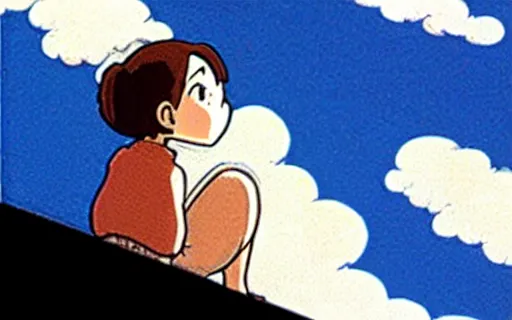 Prompt: a girl sitting on the roof of a building watching a mushroom cloud in the distance, art by hayao miyazaki, studio ghibli film,