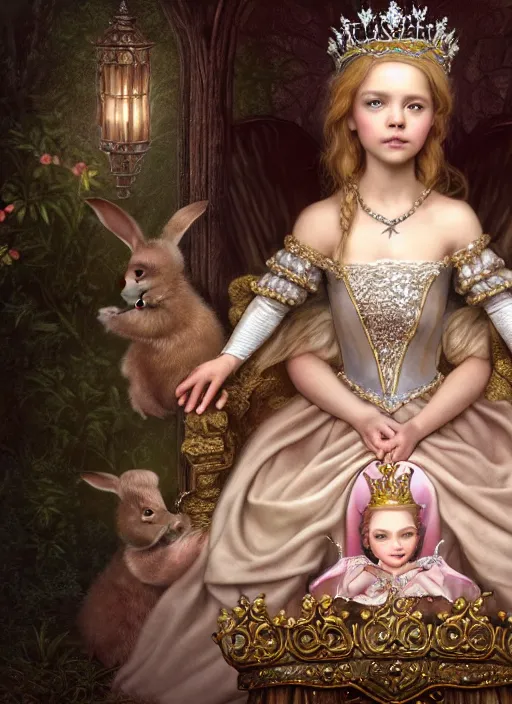 Image similar to highly detailed closeup portrait of a fairytale medieval princess wearing a crown and sitting on a throne, surrounded by cute bunnies, unreal engine, nicoletta ceccoli, mark ryden, earl norem, lostfish, global illumination, god rays, detailed and intricate environment