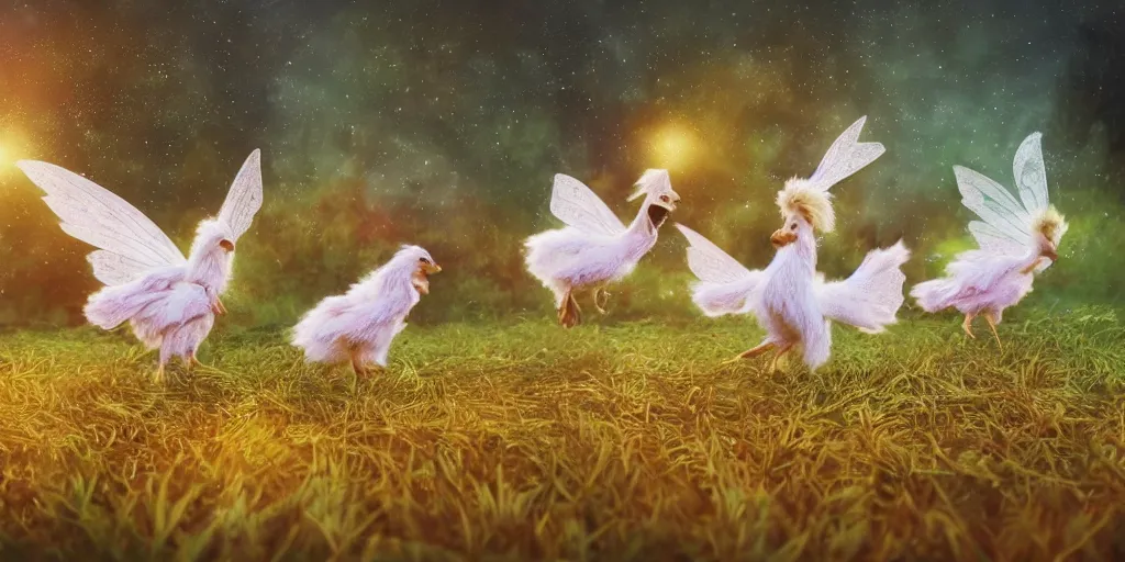 Image similar to magical fairy chickens frolicking in a field, autumn, sparkles, light beams, photorealistic, hyperrealistic, 8 k, trending on artstation